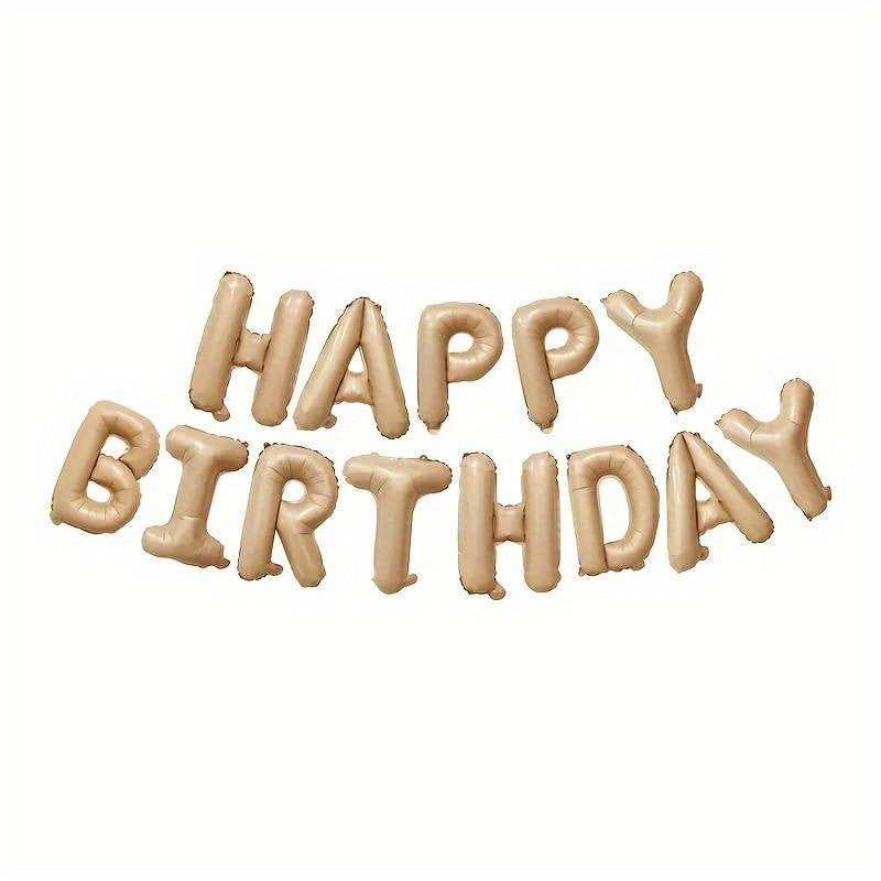 Set 25 de Baloane din Folie Metalizata si Latex, ANGELBEAR, Figurine 2 Stele, 4 Baloane Confetti, 13 Litere, 6 Latex, Model Happy Birthday, Tema Aniversare, 40 cm, Ambalaj Individual, Pai Inclus, Umflare cu Aer sau Heliu, Bej